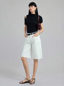 Ontre Women's White Denim Shorts Low Rise Bermuda Shorts Casual Old Money Style Summer Office - White - View 2