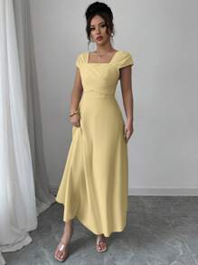 Modelyn Đầm thường ngày cổ vuông màu trơn thanh lịch cho nữ mùa hè - Màu vàng - Xem 3