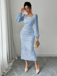 Modelyn Women's Apricot Linked Mixed Material Intarsia Waisted Bodycon Dress Fall Cloth For Women