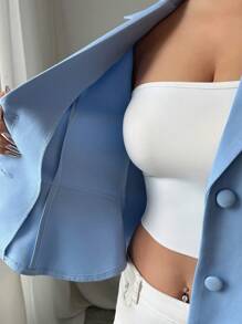 Elenzga 女士优雅通勤时尚奢华收腰修身深蓝色泡泡袖高端西装外套，适合工作、休闲、度假、商务、母亲节、教师节 - 藍色 - 查看 5