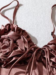 Women's Satin Solid V-Neck Ruffle Detail Bowknot Decor Camisole Tank Top, Summer - Coffee Brown - View 4