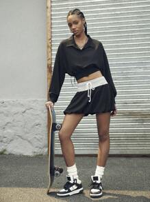 SHEIN Sports 女士纯色落肩长袖短款上衣和迷你裙户外套装 - 彩色 - 查看 3