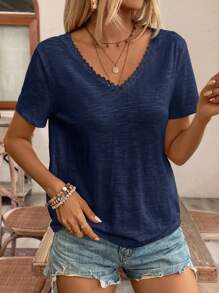 SHEIN Frenchy 夏季婚礼季露背蕾丝拼接上衣T恤必备夏季套装婚礼季必备法式风情