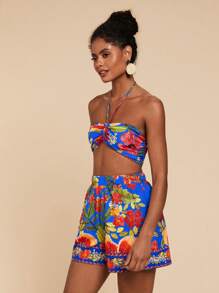 Travachic 2pcs Women Set: Printed Halter Crop Top & High Waist Loose Shorts,Summer Outfits For Women,Beachwear,Easter,Beach Outfits For Woman,Spring Break,Vacation Outfits Women,Concert Outfit Women,BOHO,Music Festival,Tropical Vacation Woman Clothes,Romantic