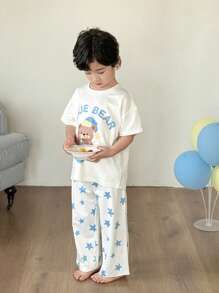 SHEIN 2pcs Young BoyCute Bear Star Print Drop Shoulder Short Sleeve Top And Elastic Waist Pants Home Wear Set Young Boys Suit Set Kids Sleep Wear - White - View 5