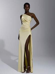 SHEIN Belle Elegant, Romantic, Sexy, Minimalist Sleeveless Backless Ruffle Trim Bodycon Dress With High Slit, In Light Yellow Satin Fabric, Suitable For Fashion, Influencer Style, Holidays, Vacation, Birthday Party, Wedding, Bridesmaid - Yellow - View 6