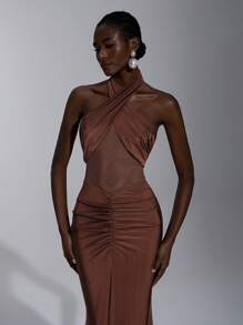 Elitara 优雅、浪漫、性感、简约棕色弹力抹胸露背修身打结透视时尚网红连衣裙，适合节日、生日派对、婚礼、伴娘 - 鏽棕色 - 查看 7