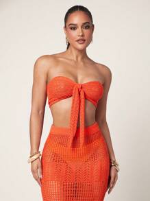 Silquee 女士纯色镂空扭纹前短款性感针织吊带背心 - 亮橙色 - 查看 3