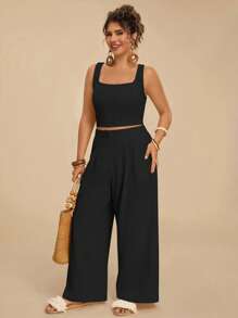 Travachic Plus Size Solid Color Square Neck Sleeveless Top And Pocket Decorated Pants Set, Casual,Summer Outfits For Women - Black - View 4