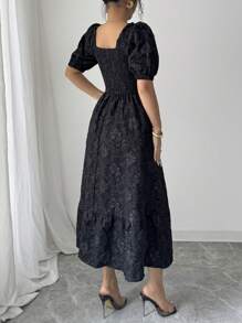 Selianne Váy đi nghỉ chữ A tay loe họa tiết hoa cúc vải jacquard trơn màu cho nữ - màu đen - Xem 2