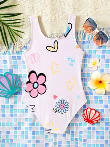 Emery Rose Kids Emery Rose Kids Young Girl Floral Print Tankini One-Piece Swimsuit - Apricot - View 5