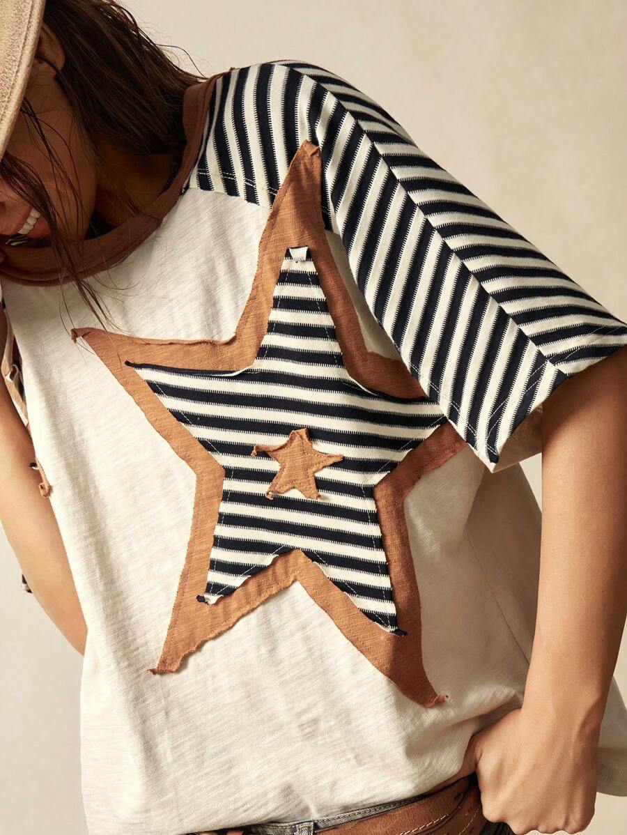 Bohemela Vintage amerikanischer, legerer Urlaubs-Stil, Farbblock Sternmuster Loose Fit Rundhals Kurzarm Damen T-Shirt