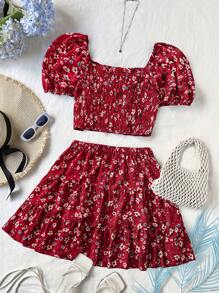 Sweetra 大码女式碎花荷叶边袖上衣和迷你裙两件套 - 酒紅色 - 查看 2