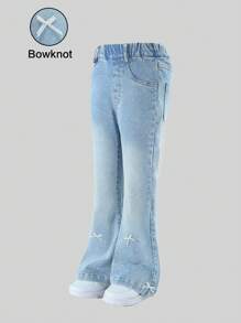 Young Girl Casual Everyday Washed Rhinestone Elastic Waist Flared Leg Pants - Light Wash - View 7