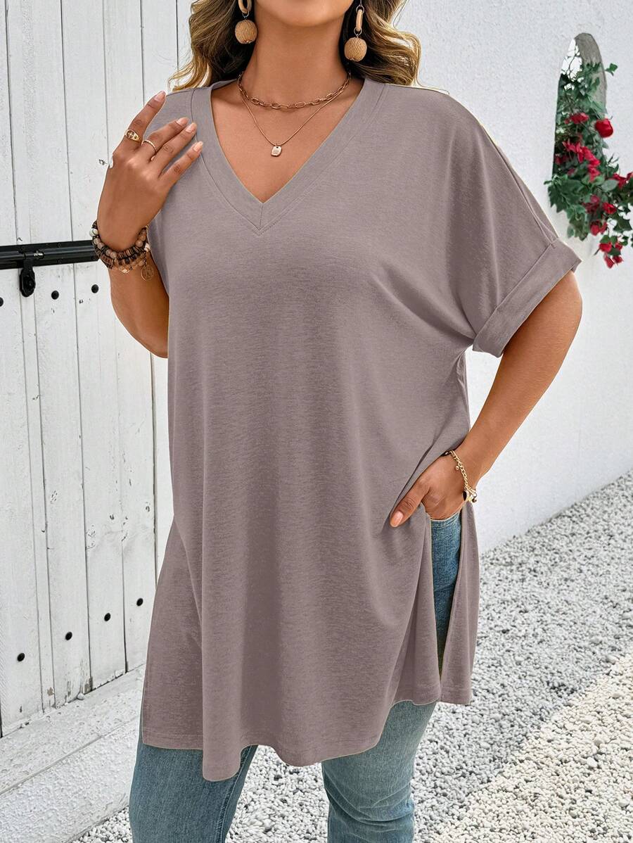EMERY ROSE 大码V领纯色短袖T恤，夏季时尚 - 駝色 - 查看 1