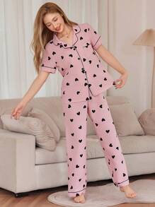 SHEIN סט פיג'מה לנשים עם הדפס לבבות וגימור בצבעים מנוגדים, פיג'מה ורודה נעימה ואלגנטית - שחור - ראה 4