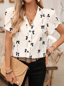 SHEIN Unity Women's Butterfly Print Short Sleeve Shirt, Suitable For Commuting And Casual Wear, Spring/Summer - Apricot - View 6