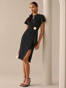 Lilora 女士夏季优雅纯色裹身开衩下摆连衣裙