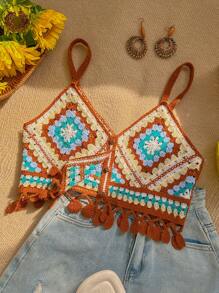 Skyraze Women Vintage Tassel Casual Knit Camisole, Boho Tops Women,Knit Floral Hollow Swimsuit Cover Up,  Summer Beach Vacation - Coffee Brown - View 1