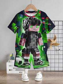 SHEIN Set de 2 piezas de camiseta de manga corta de cuello redondo casual y pantalones cortos para niño pequeño, adecuado para el verano