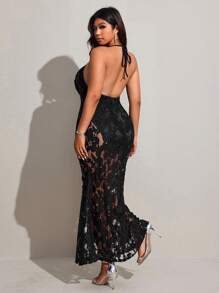 Viva Relle Plus Size Women Sexy Floral Mesh Embroidery Backless Maxi Dress - Black - View 5