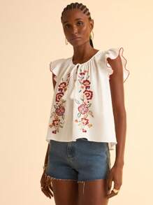 CAJUNI 女士休闲度假白色梭织刺绣盖袖撞色饰边纽扣流苏领带沙滩背心，宽松版型 - 彩色 - 查看 4