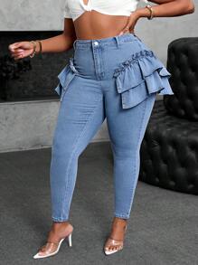 Plus Size Women's Stretch Ruffled Denim Jeans, Skinny Fit Light Blue Jeans  Autumn Outfits For Women Festival Outfits SHEIN SXY Plus Size Women Elastic Denim Jeans With Ruffle Hem Design Women Autumn Outfits Autumn Outfits For Women - Light Wash - View 6