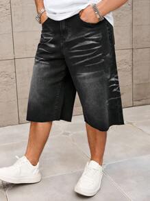 Manfinity Homme 男式宽松贴袋磨边休闲牛仔短裤 - 黑色 - 查看 7