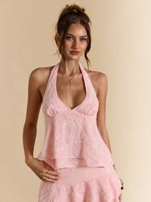 SHEIN BAE 女士纯粉色纹理面料结饰前露肩背心，Y2K 风格，春夏 - 粉色 - 查看 7