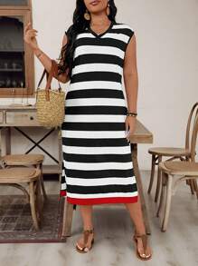 SHEIN LUNE Vestido casual de talla grande para mujer con estampado de rayas y escote en V, adecuado para atuendos de verano, vacaciones y ropa de verano para mujeres, ropa de verano europea