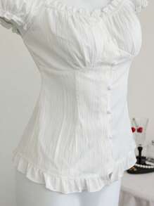 Elamini 白色性感露肩荷叶边收腰修身夏季度假上衣