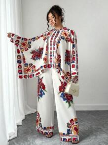 Elenzga Plus Size Floral Print Asymmetrical Hem Batwing Casual Shirt + Loose Wide Leg Pants Elegant Two Pieces Set, Suitable For Party Fall Cloth For Women - Multicolor - View 6