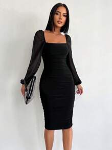 EURMUSE Square Neck Lantern Sleeve Ruched Bodycon Dress - Black - View 2
