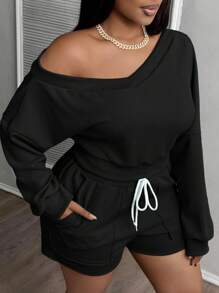 Slaydiva Plus Size V-Neck 2-In-1 Crop Shorts With Pockets, Blue Casual 2 Pieces Set - Black - View 3