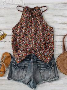 SHEIN LUNE Débardeur casual à fleurs mignonne et nœud papillon avec dos nu pour femmes