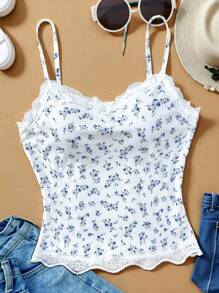 SHEIN Leap Crew Teen Girl Ribbed Knit Tiny Ditsy Floral Pattern Lace Trim Casual, Homewear, Teens, Cute, Vacation, Comfortable Camisole - Multicolor - View 3