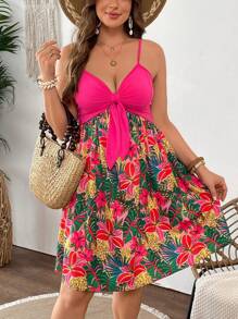 SHEIN VCAY 大码女式热带植物印花系带吊带连衣裙
