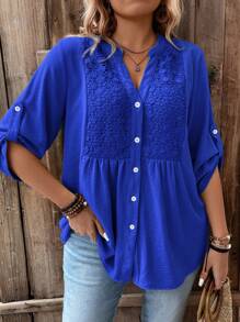 SHEIN LUNE Plus Size Lace Patchwork V-Neck 3/4 Sleeve Button Up Casual Vacation Shirt With Contrast Color Buttons Women Summer Clothing Woman S Summer Clothes Women S Clothes Women Summer Sets - Royal Blue - View 3