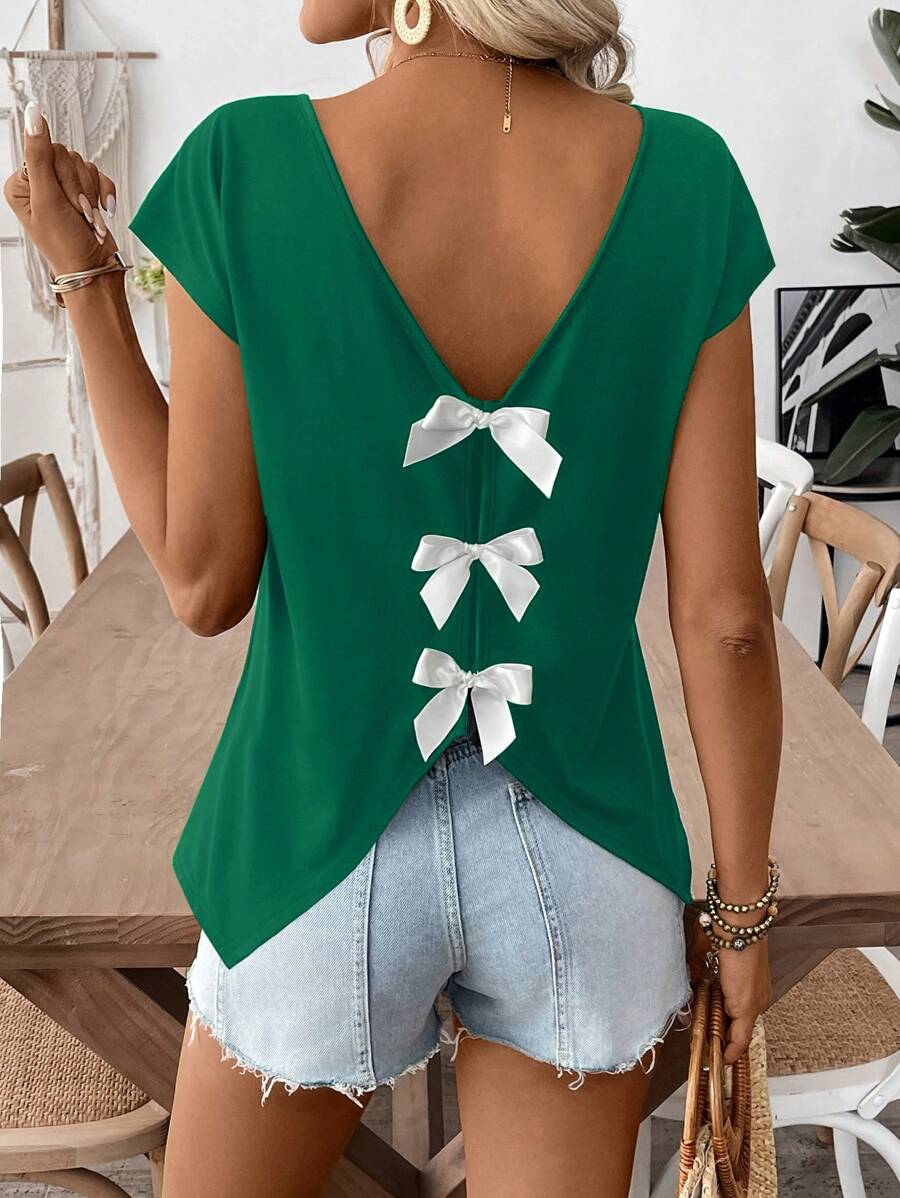 EMERY ROSE Women's Casual Asymmetric Hem T-Shirt With Bow Decor, Summer - Green - View 1