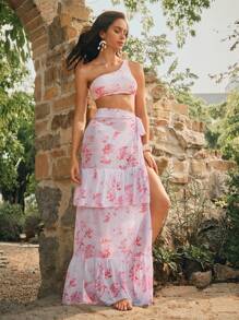 Anewsta Bộ bikini 3 mảnh họa tiết hoa bãi biển mùa hè cho nữ kèm áo hở lưng, quần và váy che thân - Nhiều màu - Xem 1