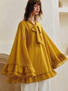 Aveloria Women Chiffon Ruffle Hem V-Neck Bowknot Fashionable Commuter Elegant Solid Color Long Loose Blouse,Summer Tops,Long Sleeve Top,Festival,Country Concert,Bohemia,Boho - Mustard Yellow - View 9