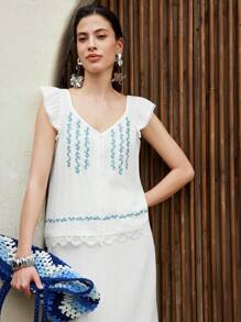 Uhlyne Spring & Summer V-Neck Embroidered Blue Sleeveless Open Front Casual Short Shirt With Lace Trim - White - View 3