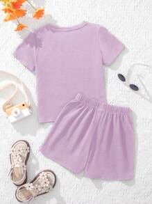 SHEIN Leap Crew Tween Girl Casual Minimalist Short Sleeve And Shorts 2 Pieces Set, Suitable For Summer - Mauve Purple - View 2