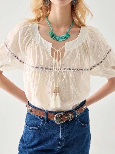 Florisole Vintage Vacation Style Crew Neck Tassel-Tied Loose Embroidered Shirt