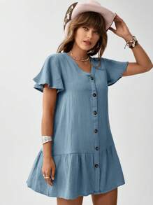 SHEIN LUNE Women Summer Button Decorated V-Neck Ruffle Short Sleeve Loose Fit Dress - Blue - View 3
