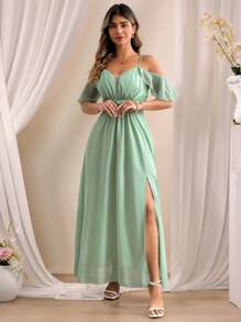 SHEIN Clasi Plus Size Women Long Ruffle Sleeve Split Hem Dress - Green - View 6