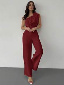 Firerie Valentinstag Neu Einfach Elegant 3D strukturierter Plissee-Design Ärmellos Taille Raffung Weiß Jumpsuit, geeignet für den Berufsverkehr - Bordeaux - Übersicht 6