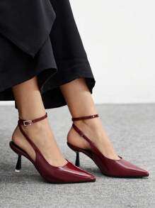 CUCCOO BIZCHIC Women's Fashion Patent Leather Pointed Toe Mule Shoes With Rhinestone Buckle Strap And Slim Mid Heel, Wine Red Color, Suitable For Commuting, Dating, Party, Wedding And Other Occasions - Burgundy - View 3