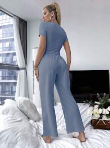 SHEIN Women's Solid Color Knit Casual Round Neck Short Sleeve Top & Pants Pajama Set Outfit - Blue - View 2