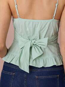 Enchnt Top romantic de primăvară/vară pentru femei, verde mentă, cu fundă pe piept, cu tiv cu volane, drăguț, dulce, sexy și la modă, pentru vacanță, întâlniri, sărbători, petrecere, absolvire și invitați la nuntă, concerte, festivaluri, femei de Paște, topuri de vară pentru femei, vară - Verde - Vizualizare 3